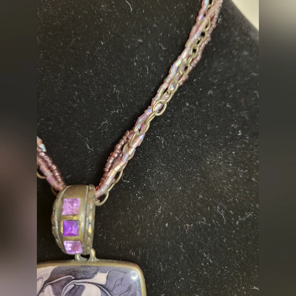 Vintage Purple & White Enamel Square Pendant Multi-strand Beaded Chain Necklace